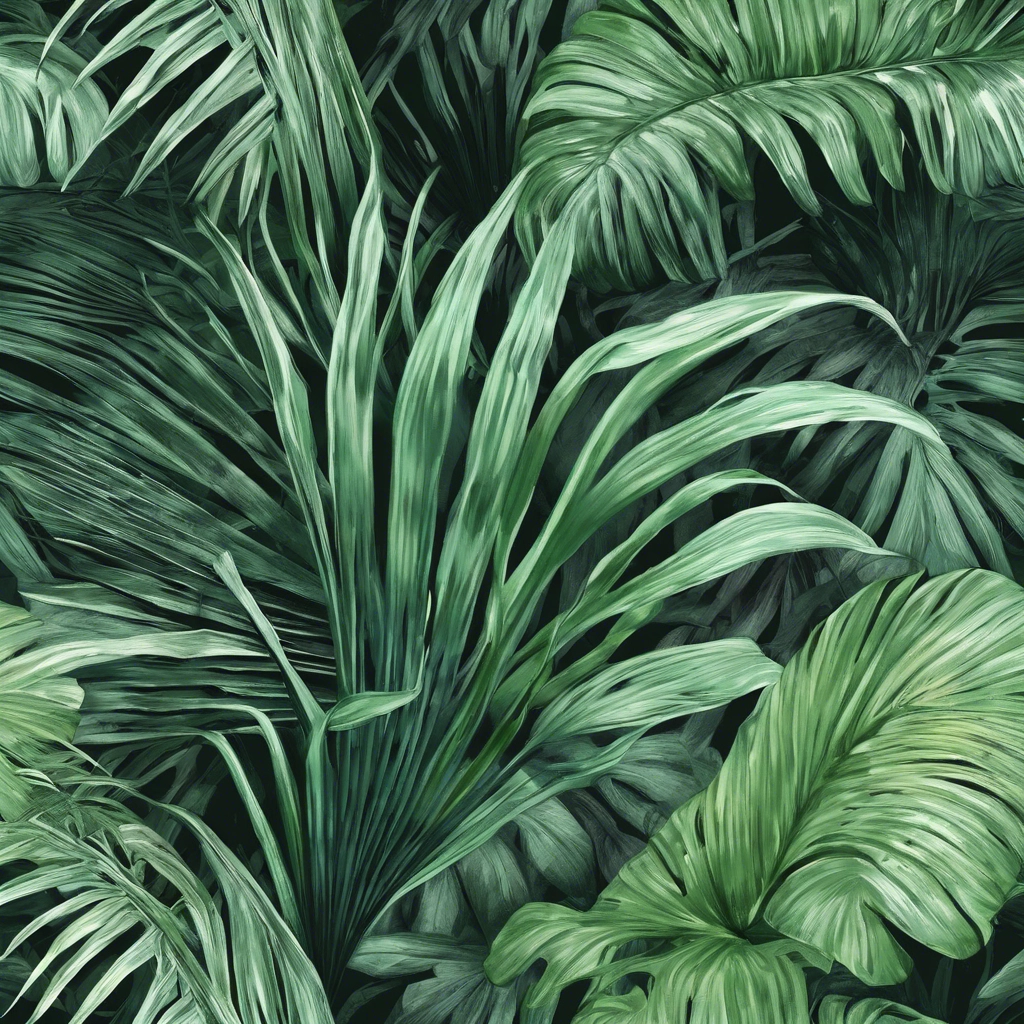 A botanical illustration of tropical palm leaves, with detailed textures and vibrant green hues.